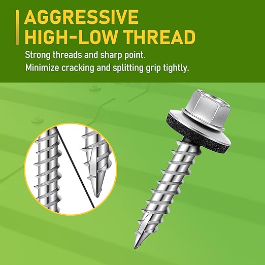 100 Pcs #10 x 1-1/2 Inch Hex Head Metal Roofing Screws, Zinc Plated Sharp Point Sheet Metal Roof Screw with Rubber Washer, Self Tapping Metal to Wood Siding Screws, Hex Socket Included