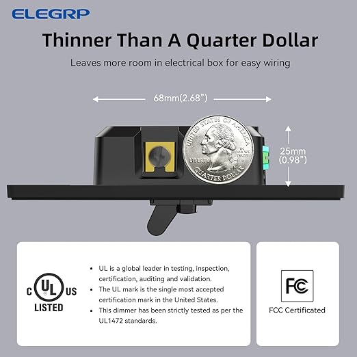 ELEGRP Digital Dimmer Switch for LED/CFL, Toggle Dimmer Switch with Decorative Frameless Design Wallplate, Single Pole/3-Way, UL Listed, 2 Pack, Black