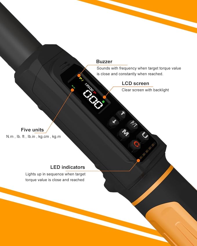 Uharbour 3/8" Drive Digital Torque Wrench 1.5-99.5 ft-lbs/6.8-135Nm | ±1% Accuracy Electric Wrench, Dual Direction Ratchet, Vibration & LED Alert