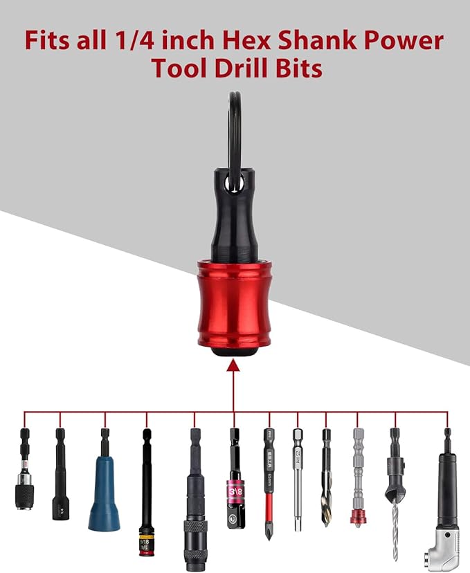 katerk 6pcs Red&Black Bit Holder with Carabiner Socket for Mens Gift, 1/4 inch Hex Shank Aluminum Alloy Screwdriver Bit Holders, Quick Release Easy Change Impact Driver Drill Bit Keychain Extension