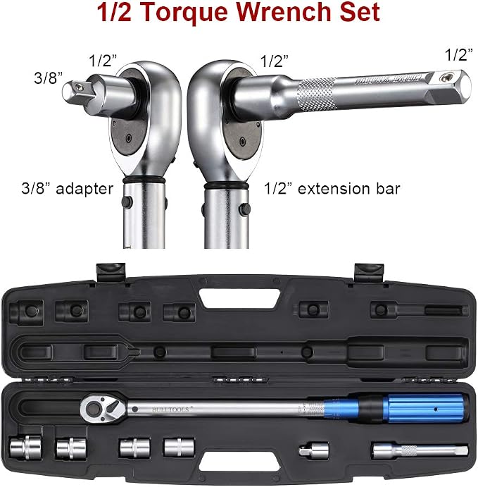 BULLTOOLS 1/2-inch Drive Click Torque Wrench Set Dual-Direction Adjustable 90-tooth Torque Wrench with Buckle（10-160ft.lb / 10-220Nm）