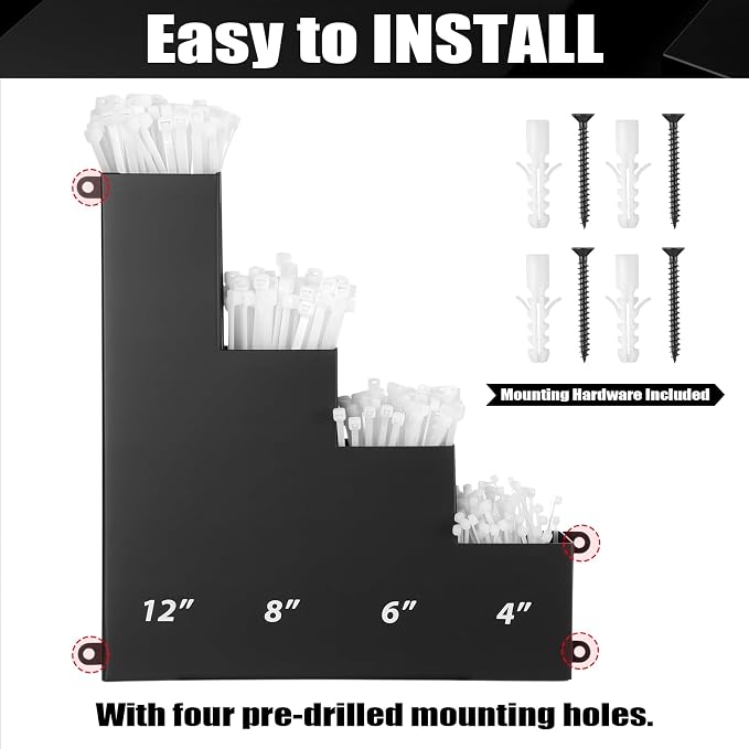 Cable Zip Tie Storage Holder Rack Metal Zip Tie Organizer Wall Mount Pockets with Screws for Workshop Shed Garage Home Ties, Ties and Tools Not Include (Black,10 x 9.5 Inch,4 Pockets)