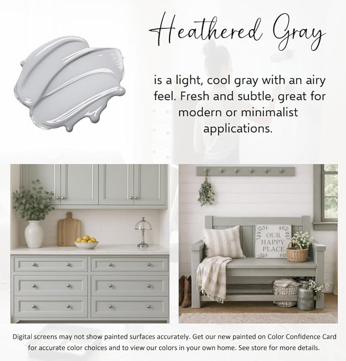 ALL-IN-ONE Paint by Heirloom Traditions, Heathered Gray (Light Cool Gray), Quart - Durable cabinet and furniture paint. Built in primer and top coat, no sanding needed. Includes our 30 featured color