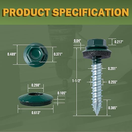 LIONMAX Metal Roofing Screws #14 x 1-1/2 Inch, 300-PCS, Forest/Ivy Green Painted Hex Head Sheet Metal Roof Screws, Rubber Washer, Sharp Point, Metal to Wood Siding Screws, Hex Socket Included