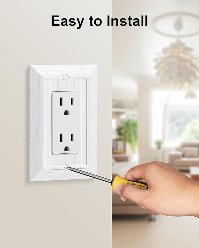 4-Pack Classic Beadboard Decorator Wall Plate Cover, Pure White Decorative Switch Plates and Outlet Covers, Durable Unbreakable Polycarbonate Wall Plates for Electrical Outlet, Receptacle, GFCI Outlet