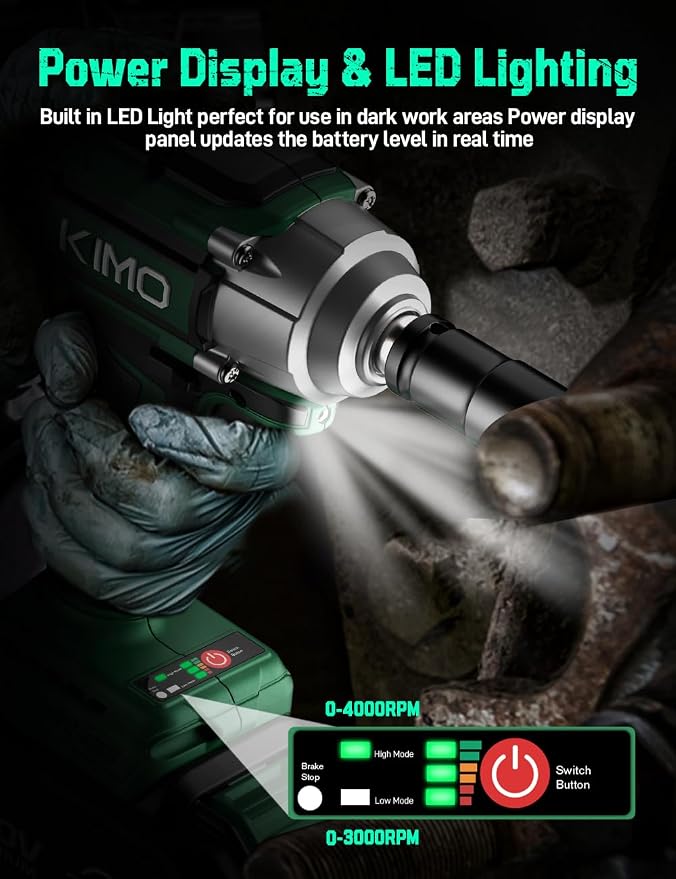 KIMO Impact Wrench 1/2 Cordless, Impact Gun for Car Tire, 20V Impact Driver | 550N.m (410ft-lbs), 4000RPM/3500IPM , 4 Sockets, 9-Piece Drill& Driver Set, Safety Lock, Variable Modes, 2 x 4000mAh Battery