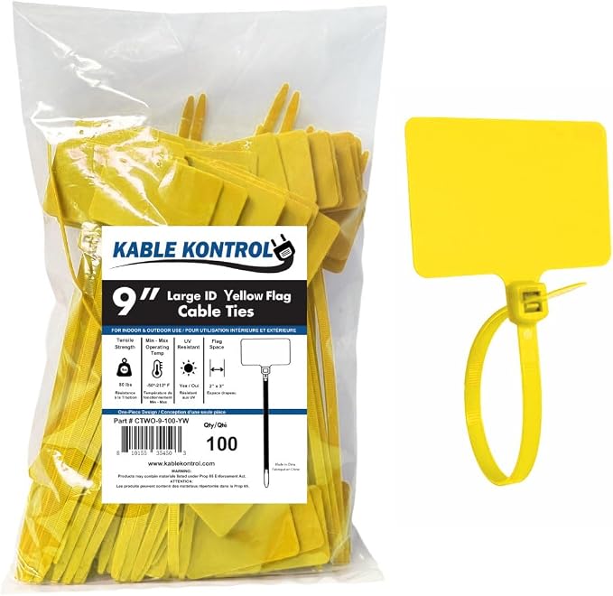 Kable Kontrol Cable Marker Identification Zip Ties 9 Inch 100 Pcs – Yellow | Large ID Flag Label Straps, Self-Locking Write on Tags for Ethernet, Power, and Cord Labeling