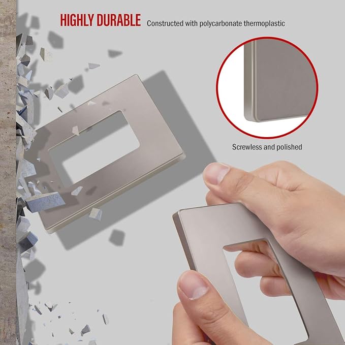 ENERLITES Elite Series Screwless Decorator Wall Plate Child Safe Outlet Cover, Size 1-Gang 4.68" H x 2.93" L, Unbreakable Polycarbonate Thermoplastic, SI8831-NK, Glossy, Nickel