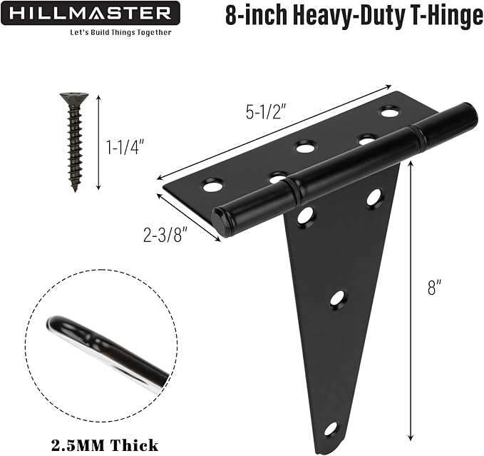 HILLMASTER 8 Inch T-Strap Heavy Duty Shed Door Hinges Gate Strap Hinges Black Tee Hinge Wrought Hardware for Wooden Fences,Yard,Barn Door,Rustproof (4 Pack)