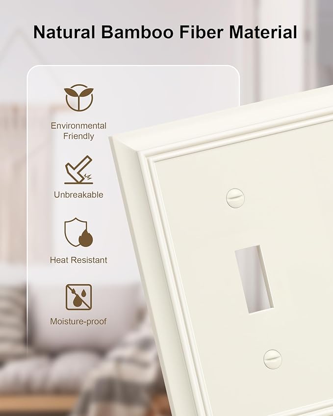 2-Pack Combo Double Toggle/Decorator Outlet Cover Plate, Light Almond Decorative Switch Plates and Outlet Covers, Durable Natural Bamboo Fiber Wall Plate for Electrical Outlet, Receptacle, GFCI Outlet