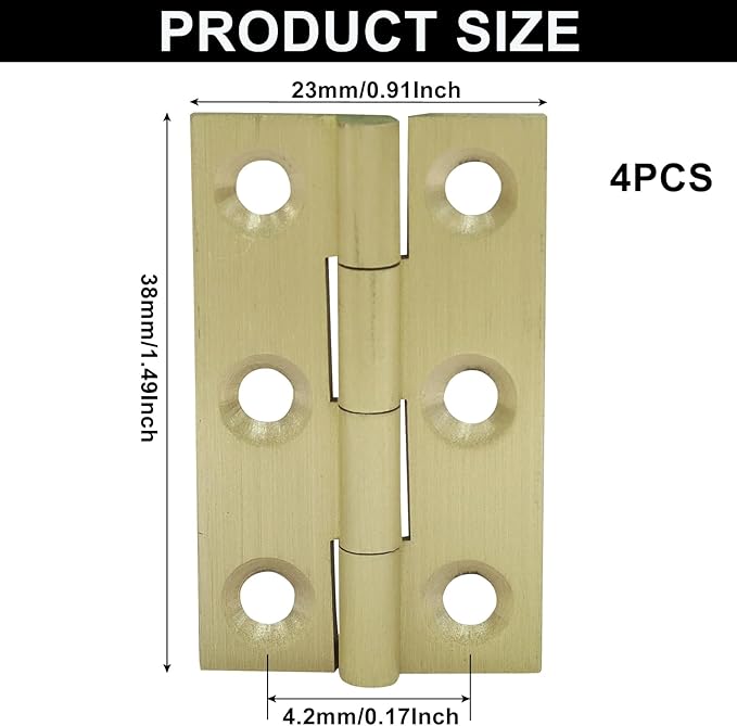 Murtenze 4 Pcs 1.5 Inch Mini Solid Brass Hinges，Brass Cabinet Hinges Small Box Hinges Butt Hinges for Cabinet, Drawer, Wood Box