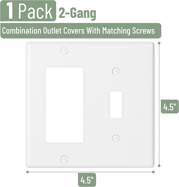Bates- Combination Wall Plate, Toggle Switch/Decorator, White, 4.5"x4.5"/Standard Size, 2 Gang Wall Plate