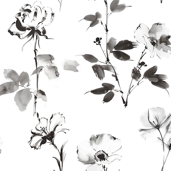 Hopepak Floral Wallpaper Peel and Stick Black and White Flower Peel and Stick Wall Paper Modern Contact Paper Removable Self Adhesive Wallpaper for Bathroom Bedroom Cabinet Decor Vinyl 17.3"×197"