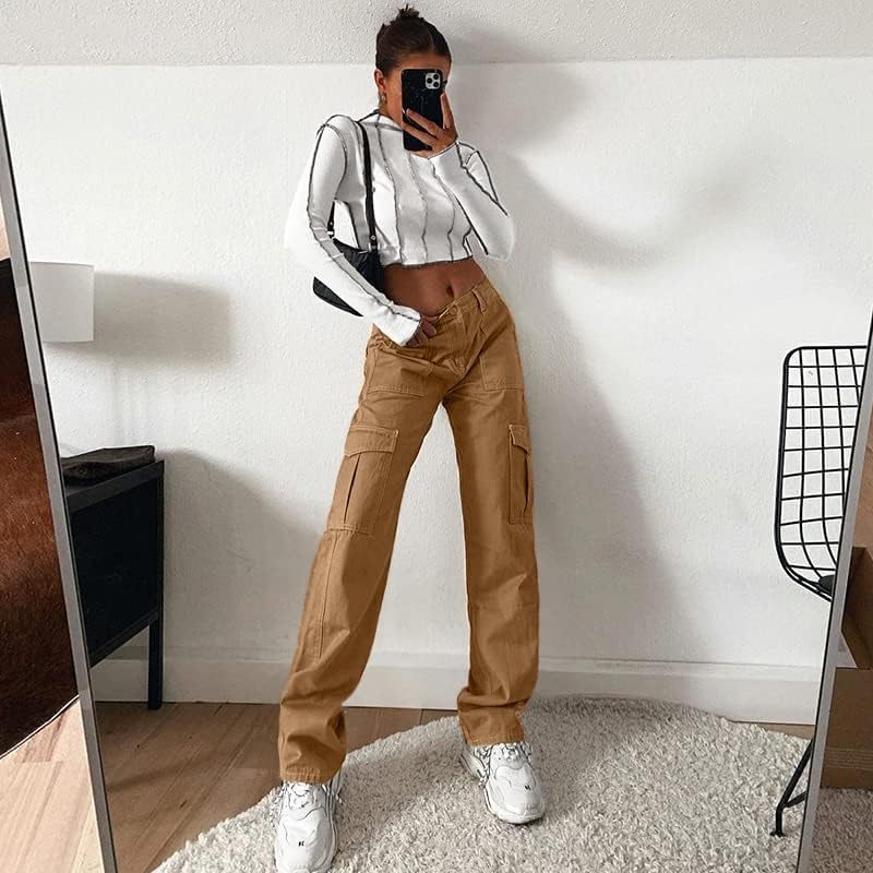 Lepunuo Cargo Pants for Women High Waisted Casual Pants Baggy Stretchy Wide Leg Y2K Streetwear with 6 Pockets