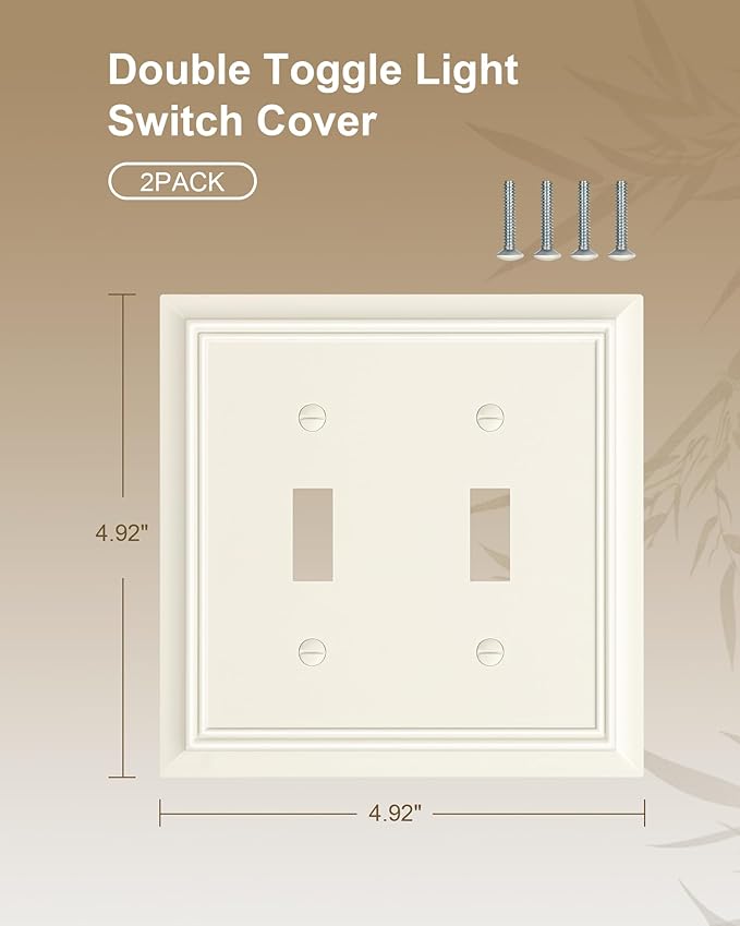 2-Pack Double Toggle Light Switch Cover Plate, Durable Natural Bamboo Fiber Decorative Switch Plate Covers, Light Almond 2 Gang Wall Plate, Corrosion Resistant