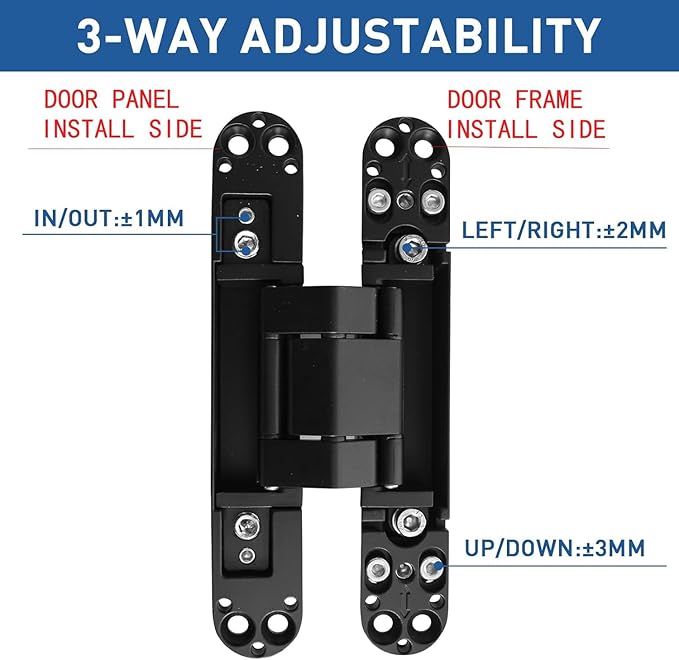 TamBee Hidden Hinges Concealed Door Hinge - Black, Zinc Alloy, Invisible, 3 Way Adjustable for Hidden Door, Bookcase Door and Secret Doors 6 Inch (1 Hinge)