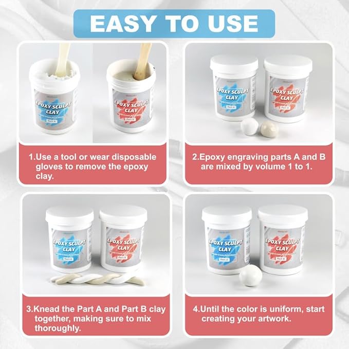 1 Pound White Epoxy Putty Sculpt Clay, 2 Part (A & B) Modeling Compound for Sculpting, Modeling, Building, Repairing, Self-Hardening Epoxy Clay Easily Repairs Metal, Wood, Tile, Ceramics, Plastic