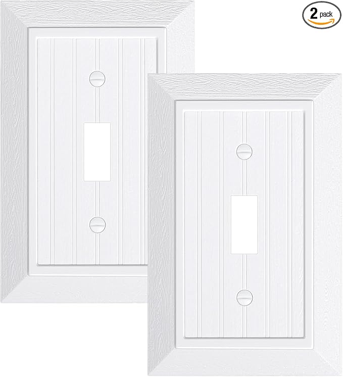 2-Pack Classic Beadboard Single Toggle Light Switch Cover Plate, Unbreakable Polycarbonate Decorative Switch Plate Covers, Pure White 1 Gang Wall Plate