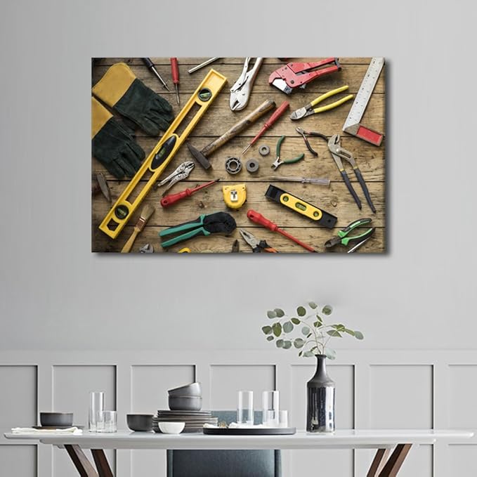 TUMOVO Large Wall Art for Living Room Wall Decor Various Old Carpenter Tools on Wooden Table Poster Canvas Supermarket Hotel Restaurant Office Wall Decoration Ready to Hang 1 Piece (24" Wx36 H)