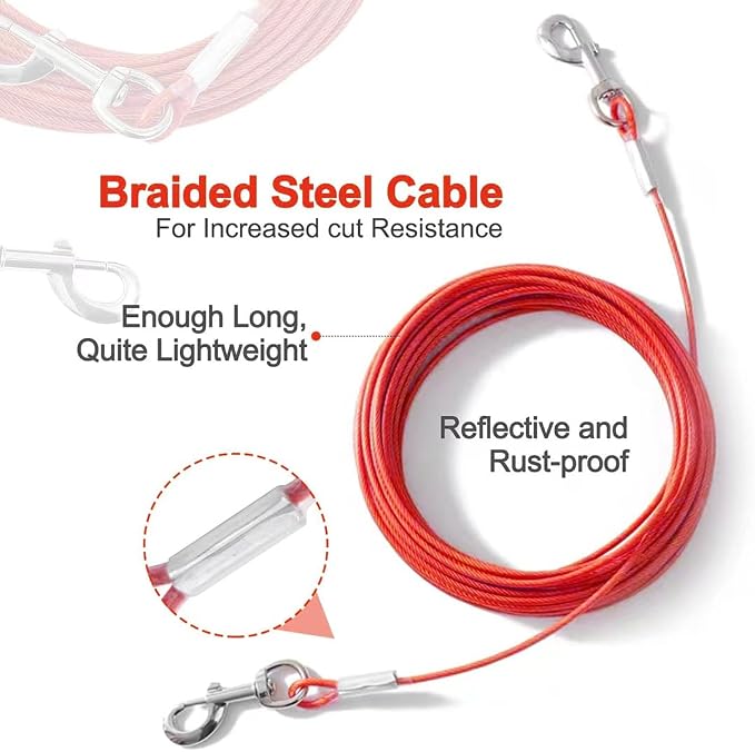 Tie Out Cable for Dogs,10/20/30/50/100FT Dog Leads for Yard Chew Proof,Heavy Duty Tie Out Cable for Large Dogs Up to 125lbs,Dog Runner Tether (Red, 125Ibs 20ft)