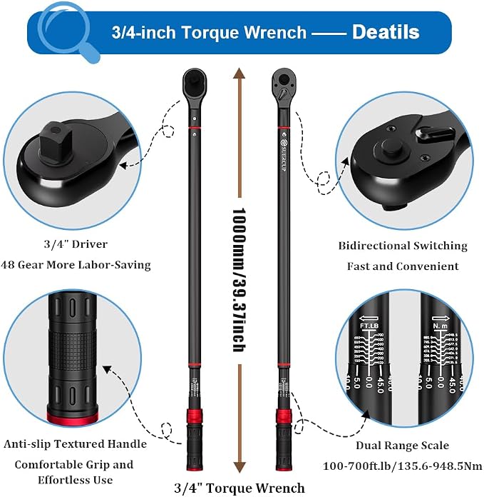 3/4-Inch Drive Click Torque Wrench, 100-700ft.lb/135.5-948.5Nm | Heavy Duty Torque Wrench, ±3% Accuracy, Dual-Direction Adjustable, 48-Tooth, for Oil Rigs, Truck & Tractor Maintenance