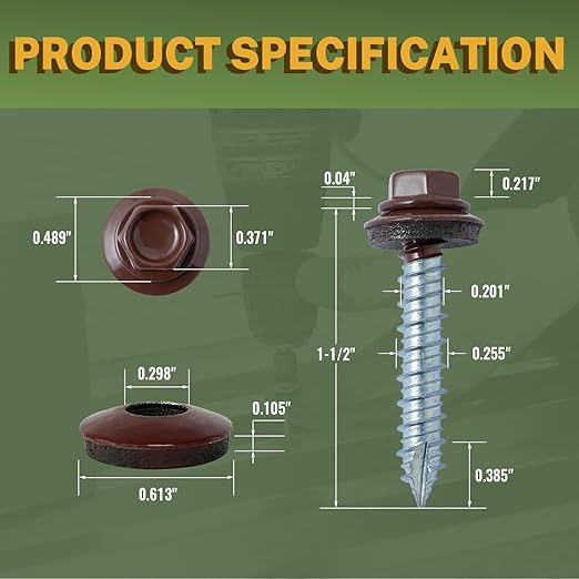 LIONMAX Metal Roofing Screws #14 x 1-1/2 Inch, 300-PCS, Brown Painted Hex Head Sheet Metal Screw with Rubber Washer, Sharp Point, for Roofing and Siding, Hex Socket Included