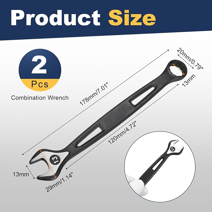 HARFINGTON 2pcs Combination Wrench 13mm Metric Extra Long 12-Point Box and Open End Carbon Steel Double Ended Industrial Grade Spanner for Automotive Furniture Machinery DIY Repair, Black