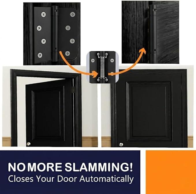 A1 ProGuard - Self Closing Spring Loaded Hinges, 4 Inch, Adjustable Tension for Garage, Front, Back Door,Door Closer Hinge, Left/Right Hand, 5/8'' Radius and Square Corners, Black Color, 3 Pack