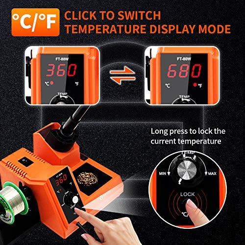 TOAUTO Soldering Station,80W Digital Solder Iron Station Kit with 176°F-896°F Temperature, C/F Func, Auto Standby & Sleep, Temperature Lock,5 Extra Solder Tips, Solder Bracket, Solder Sucker (Orange)