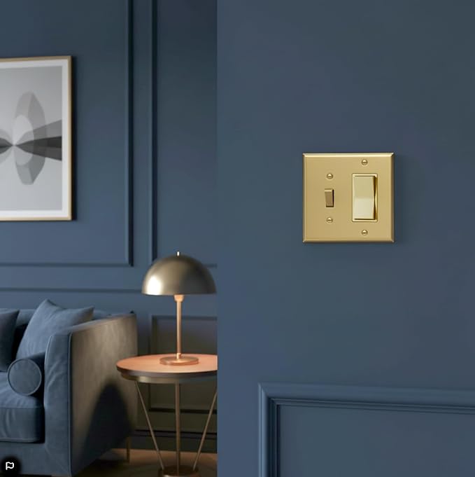 Rio Salto BRASS Deco Collection Standard Size Toggle Rocker Combo Metal Gold Light Switch Cover Wall Plate Combination Modern Togle Decorator Rocker 2-Gang Decorator Wallplate