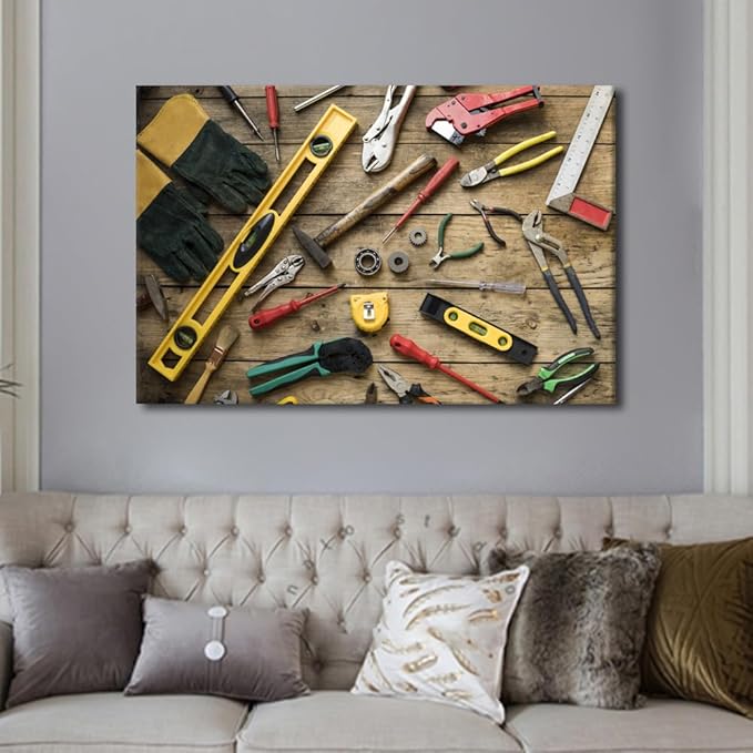 TUMOVO Large Wall Art for Living Room Wall Decor Various Old Carpenter Tools on Wooden Table Poster Canvas Supermarket Hotel Restaurant Office Wall Decoration Ready to Hang 1 Piece (24" Wx36 H)