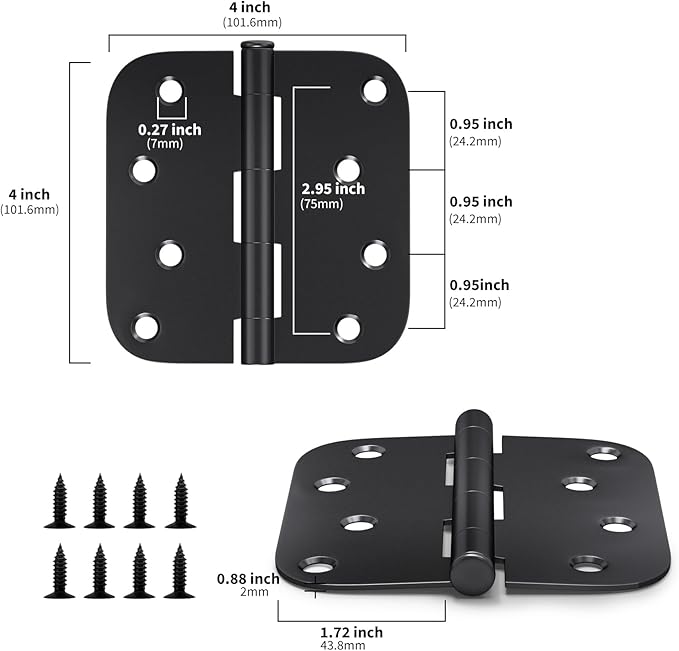 goldenwarm 12 Pack Interior and Exterior Door Hinges, Matte Black Door Hinges 4 inch x 4 inch with 5/8" Radius Corners