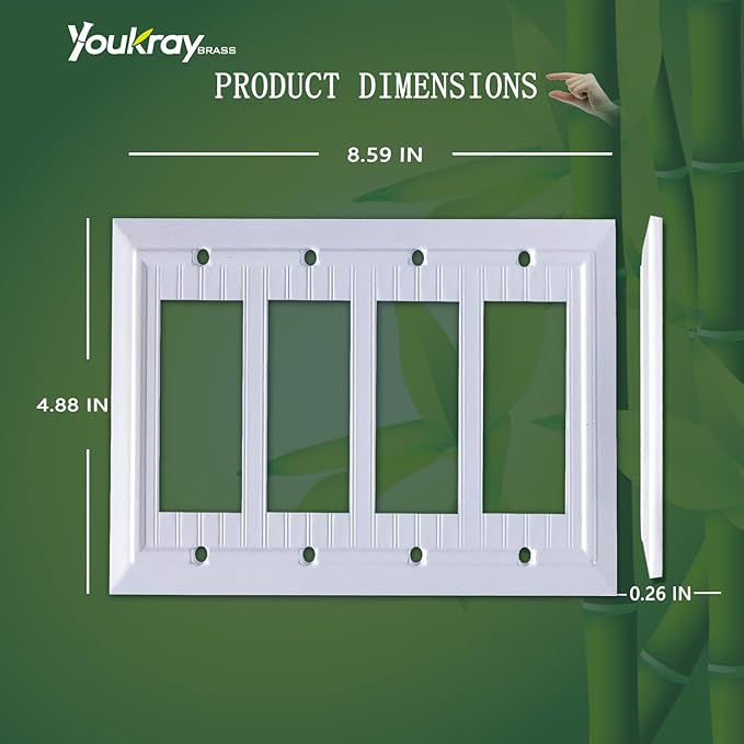 Pure White Classic Beadboard Wall Plates,Light Switch Covers,Electrical Outlet Covers, Switch Plates of Various Combination, Nature Bamboo Fiber Wall plate (4 Gang Decorator 1 Pack)