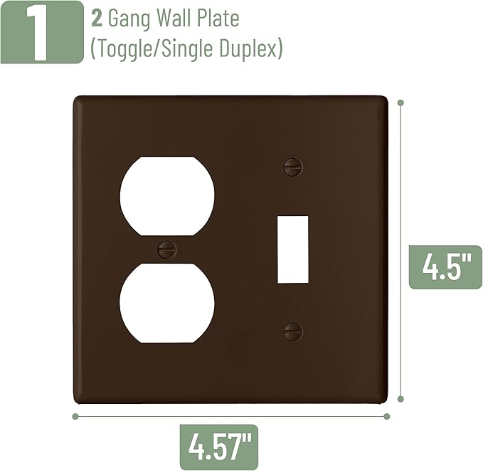 Bates- 2-Gang Combination Wall Plate, 4.5"x 4.57"/Standard Size, Brown, Toggle Light Switch/Duplex Receptacle Outlet, 2 Gang Wall Plate for Electrical Outlets, Double Outlet Cover Plate