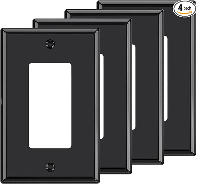 AIDA 1-Gang Midsize Light Switch Cover Plate, Decorative Outlet Covers - Glossy Black, 4-Pack Unbreakable Polycarbonate Wall Plates for Decorator Device, UL Listed, 4.88" H x 3.13" L