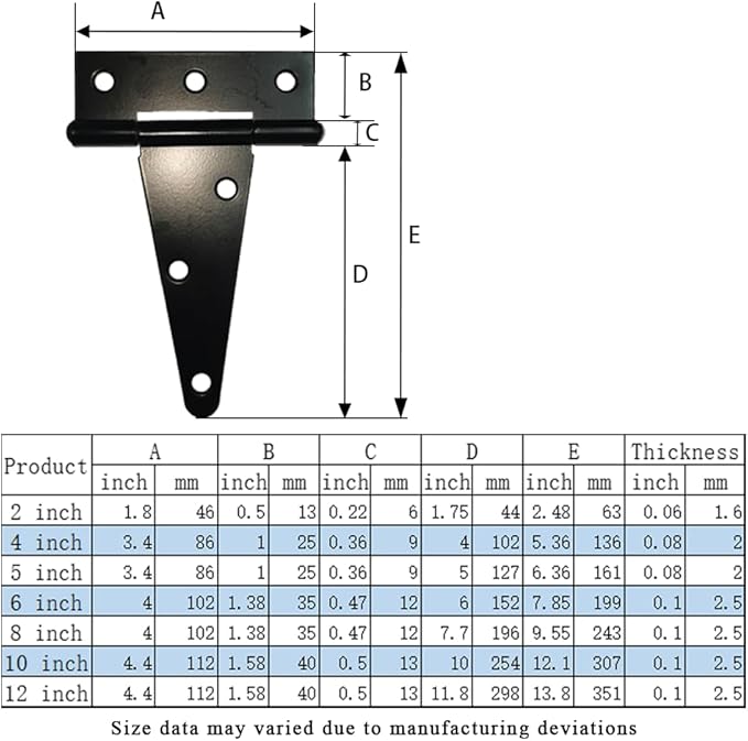 HLMOptimo Heavy Duty T Hinge Tee T Strap Shed Gate Barn Fence Door Hinge Wrought Rustproof All Size Black (6 pcs, 12 inch)