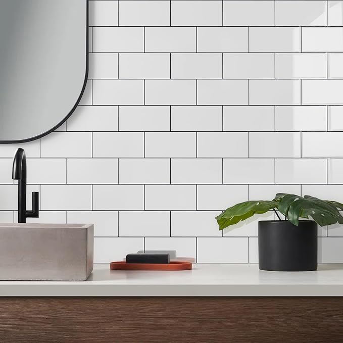 Vamos Tile Peel and Stick Backsplash Tile, 3''x6'' PVC Subway Tile, Stick on Backsplash for Kitchen/Bathroom/Fireplace,4-Piece Glossy Pure White with Dark Gray Grout