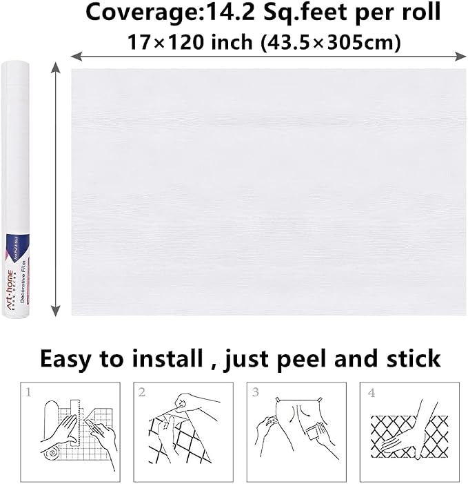 Arthome Peel and Stick Wallpaper - White Wood Contact Paper - White Wallpaper - Self-Adhesive, Removable and Waterproof for Cabinet, Countertop (17"x120")