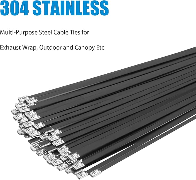 XINGO 26 inch Black Metal Zip Ties Heavy Duty 100 Pack, 304 Stainless Steel Zip Ties, 300lbs Tensile Strength, Multi-Purpose Self-Locking Cable Ties for Exhaust Wrap, Outdoor and Canopy Etc