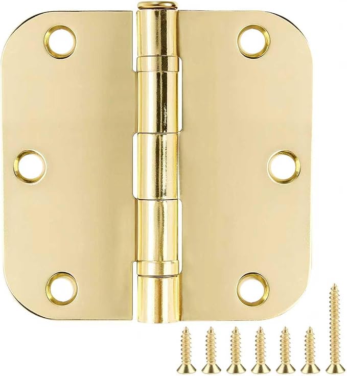 12 Pack Anti Squeak Polished Brass Door Hinges 3.5 Inch 5/8" Radius Round Ball Bearing Interior 3-1/2"Flat Bifold Standard Bedroom Indoor for Doors 3 ½" Hardware Essentials Home Decor Accessories