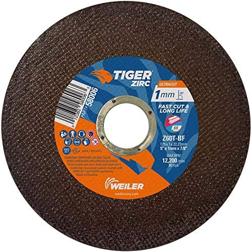 Weiler 58006 5 Inch Cutting Wheel, Tiger Zirc Steel/Metal Ultracut 1 mm Fast Cut & Long Life High Performance Thin Cutting, 1mm Z60T Type 1 7/8" Arbor, Pack of 50