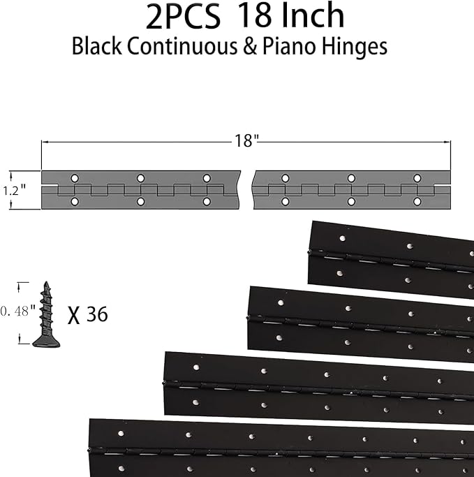 2Pcs 18inch Black Heavy Duty Continuous&Piano Hinges,1.2" Open Width Stainless Steel Piano Hinge with Holes and Screws,Working for Wood Box,Wood Furniture,Piano Cabinets