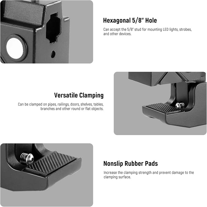 NEEWER Super Clamp with 5/8" Stud, Spring Lock, 2.4"/6cm Jaw Grip Heavy Duty Crab Pole Clamp for Round Pipe Flat Surface, for Photography Studio Camera & Lighting Mounting, Max Load 33lb/15kg, UA017