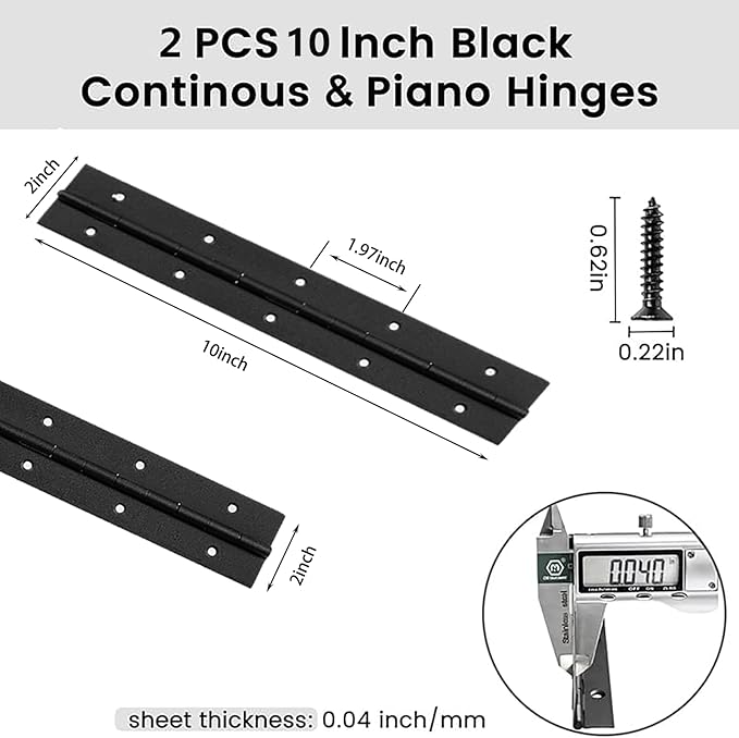 10 Inch Black Continuous Piano Hinges 2 Pack, Heavy Duty Stainless Steel Folding Hinges 0.05" Thickness 2" Open Width with Mounting Holes & Screws for Cabinet Doors Toolbox DIY Projects