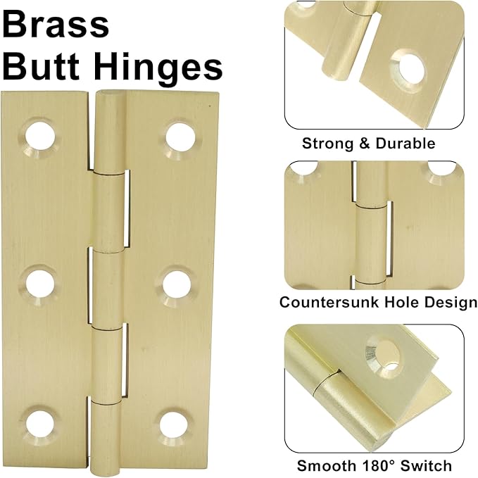 Murtenze 4 Pcs 2.5 Inch Mini Solid Brass Hinges，Brass Cabinet Hinges Small Box Hinges Butt Hinges for Cabinet, Drawer, Wood Box