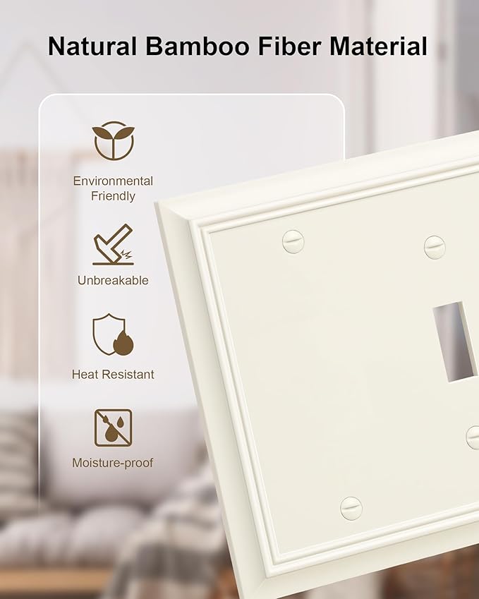 2-Pack Combo Blank/Toggle Light Switch Cover Plate, Light Almond Modern Decorative Electrical Outlet Covers, Bamboo Fiber Wall Switch Plates and Outlet Covers