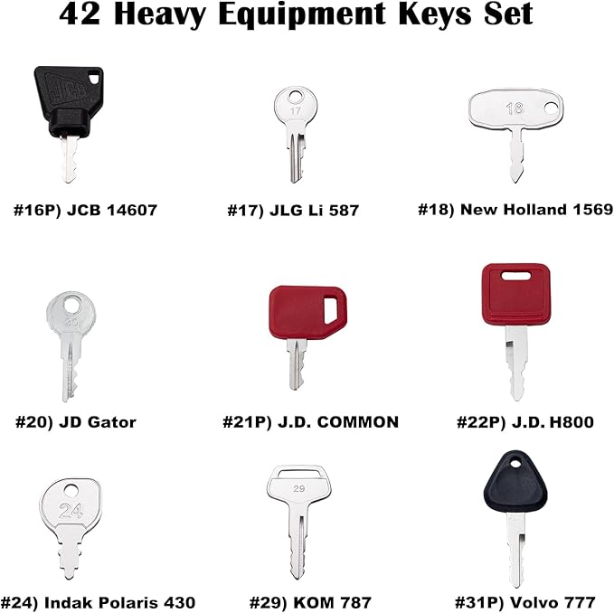 42 Heavy Equipment Keys Set, Equipment Keys Master Set for Cat Caterpillar Case JD Holland Volvo JCB Hyster Takeuchi Yanmar and More