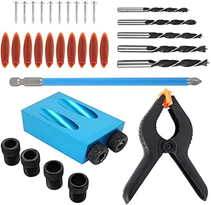 Pocket Hole Jig Dowel Drill Joinery Kit with Clip and Screwdriver Carpenters Wood Woodwork Guides Joint Angle Tool Carpentry Locator Craft DIY WoodWorking Wood 34Pcs