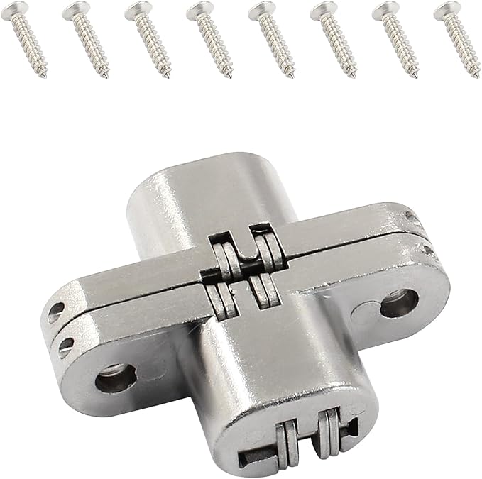 43.5 mm Hidden Hinge, Stainless Steel 180 Degree Invisible Cross Hinges for Kitchen Cabinet Door, Frameless Concealed Hinge with Screws, 2pcs