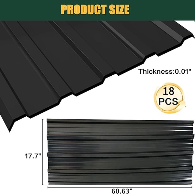 18pcs Roof Flashing Panels, L60.63×W17.72 Inch Corrugated Galvanized Roofing Panels, Porche, carport, shed, Stable, Chicken coop Black